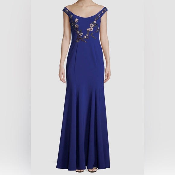 Marchesa Notte Blue Floral Embroidered Long Formal Evening Gown Dress - Picture 5 of 16